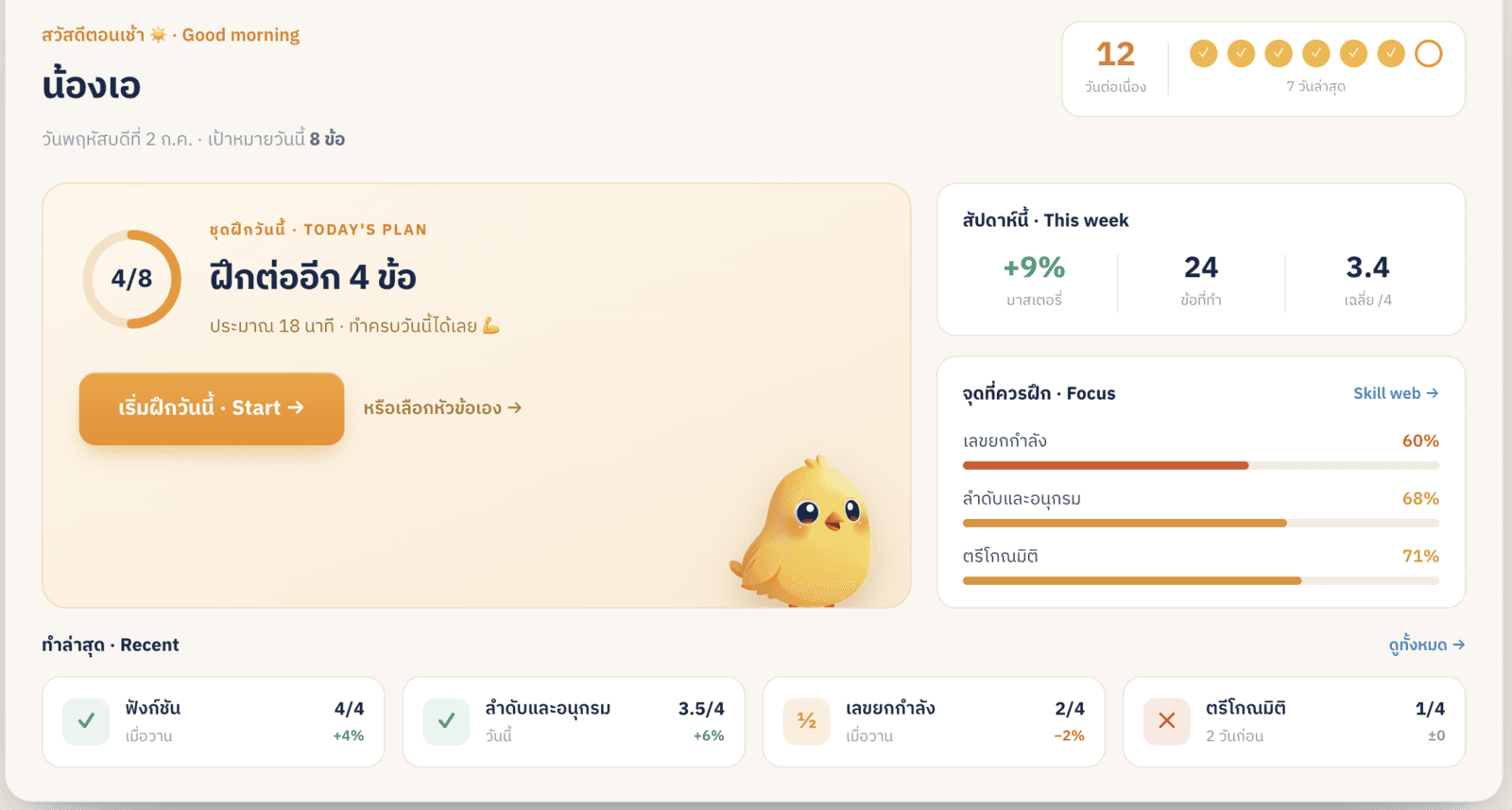 หน้าหลัก Nooknook แสดงแผนฝึกวันนี้และจุดที่ควรฝึก
